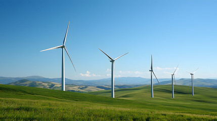 A dynamic photostock image of wind turbines generating clean energy in lush green landscape under clear blue sky. scene conveys sense of sustainability and innovation