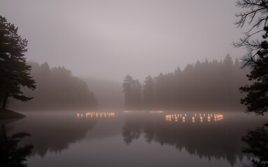 Fototapeta premium Mystical foggy lake with glowing lanterns, creating a serene and magical atmosphere, perfect for a peaceful and contemplative mood. 