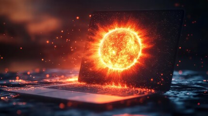 Fototapeta premium A glowing sun made of light particles rising over a digital landscape, displayed on a laptop