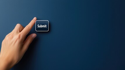 A close-up of a hand poised to click a 'Submit' button on a sleek dark background, symbolizing digital interaction.