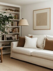 A cozy living room featuring a stylish white sofa, decorative pillows, and bookshelves filled with books and plants.