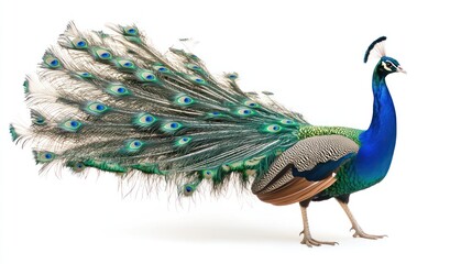 Fototapeta premium A high-resolution shot of a peacock spreading its feathers, isolate on white background