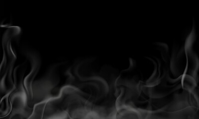 Smoke background. Fog or smoke transparent frame. Scene of white cloudiness, steam or morning mist. Vector realistic evaporation texture.