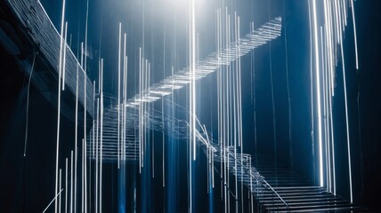 Futuristic Staircase Illuminated by Vertical Neon Lights in a Dark Interior Space