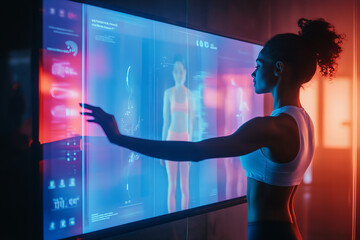 A woman interacts with an advanced holographic display showcasing fitness data in a modern, illuminated room