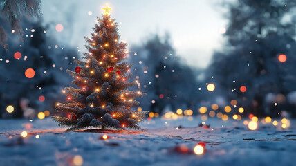 Festive Outdoor Christmas Tree with Snowfall and Lights Creating Holiday Atmosphere