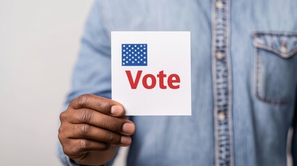 A person holding a sign that encourages voting, featuring the word 'Vote' and an American flag, symbolizing civic engagement.