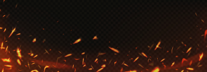 Fire sparks background. Burning glowing particles frame, embers burning cinder. Flame of fire with sparks. Vector texture. © Frogella.stock