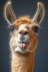 Obraz premium A playful llama with a cheerful expression and distinctive ears, perfect for animal lovers and nature enthusiasts.