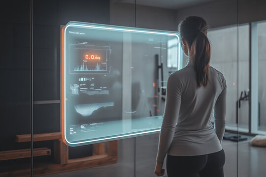 A fitness enthusiast interacts with a futuristic digital display in a modern gym during a workout session
