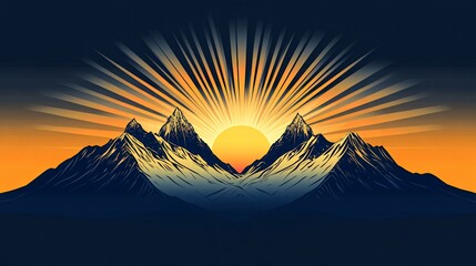 A stylized sunrise over a mountain range, with bright yellow sun and dark blue mountains.