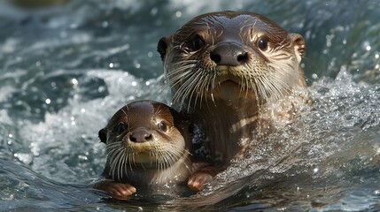 Mother Otter Swimming with Her Baby in Crystal Clear Water with Air Bubbles, Photo Realistic, Pattern Background, Wallpaper, Cover and Screen for Smartphone, PC, Laptop, 9:16 and 16:9 Format