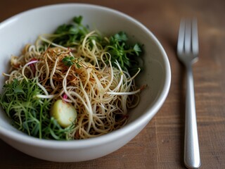 Fresh noodle salad with greens in a bowl, ready for healthy dining