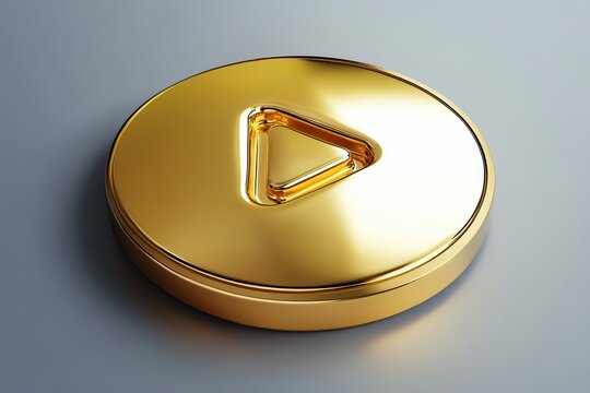 A shiny golden coin featuring a play symbol, representing media, entertainment, and digital content sharing.