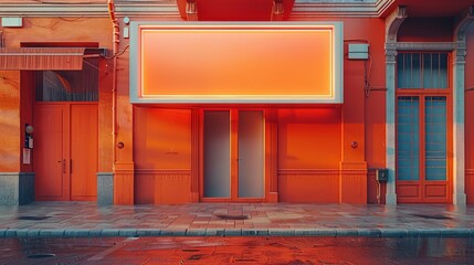 Empty storefront with a glowing neon sign in an orange-colored city.