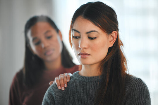 Depression, support and woman with mental breakdown or hand with help, stress and trauma in home. Sad person, anxiety or girl in house with fear or suicide thoughts with solution, sister or friend - Powered by Adobe