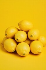 A vibrant stack of fresh lemons on a bright yellow background, perfect for culinary and wellness themes.