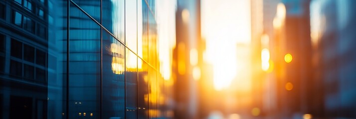 Skyscrapers reflecting sunset light in a bustling business district, exemplifying modern urbanization and progress.