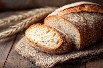 Naklejka premium A delicious looking freshly baked bread loaf sits on a rustic wooden surface with wheat stalks in the background.