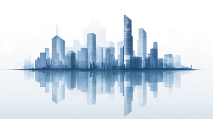Fototapeta premium A stylized cityscape silhouette with a reflection on a white background.