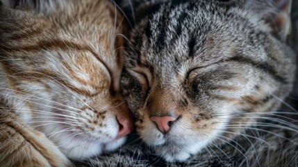 Two cats are sleeping together, one of them is brown and the other is gray