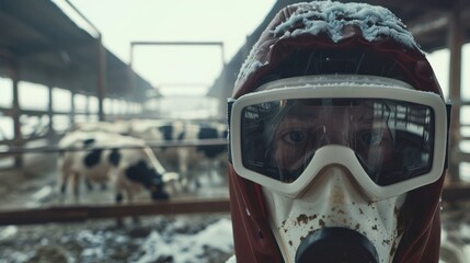 Man in Protective Gear in Cow Barn