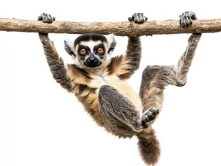 A lemur hanging from a branch, isolate on white background