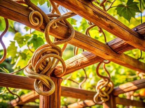 Delicate, twisted tendrils of zarcillos, also known as curly vines, entwine a wooden trellis, showcasing their