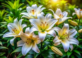 Naklejka premium Delicate white lirios flowers with yellow centers bloom amidst lush green foliage, creating a serene and peaceful