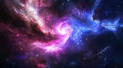 Naklejka premium A stunning cosmic nebula with swirling clouds of pink, purple, and blue gas, illuminated by a bright central core.