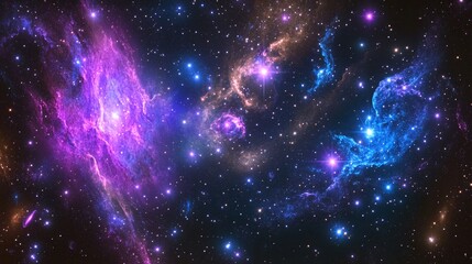 Obraz premium A stunning nebula with bright pink and blue clouds of gas and dust, scattered with stars against a dark background.