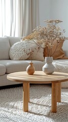 A warm and clean living room scene, with the coffee table used as a product display surface