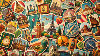 Fototapeta premium Collection of colorful travel souvenirs featuring famous landmarks and attractions