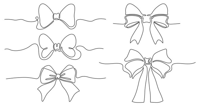 Gift ribbon bow continuous line. One line festive minimalist bow knots for greeting card and wedding invitation. Vector editable stroke isolated set.