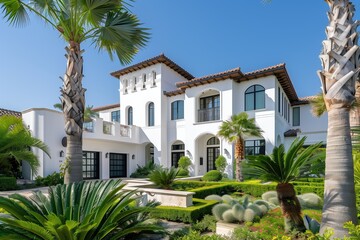 Fototapeta premium Luxury Mediterranean estate with classic white stucco facade, terracotta roof tiles, and lush garden landscaping featuring palm trees and manicured hedges, showcasing timeless elegance