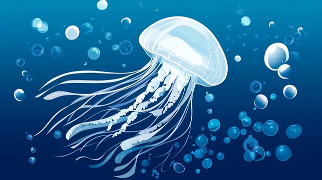 A single, translucent jellyfish with long tentacles swims through a deep blue sea, surrounded by bubbles.