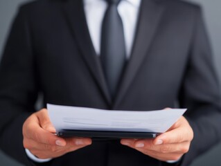Hands holding a calculator and a legal document, symbolizing the legal aspect of liability management, clean and minimal design