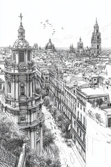 Seville, Spain, black and white pen pencil hand-drawn effect portrait drawing illustration for travel poster, card, wallpaper, backdrop or banner. Modern, clear, artistic and simple