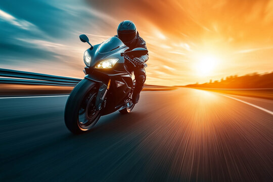 Fast biker on empty road on sunset sky