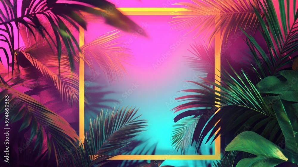 Wall mural Tropical Palm Leaves Frame with Neon Pink and Blue Gradient Background