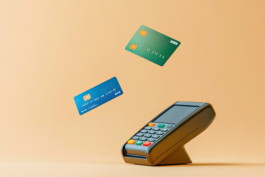 Bank cards flying over a point-of-sale terminal