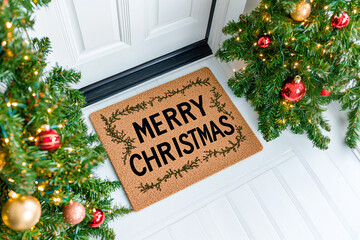 Doormat in front of a white door with Merry Christmas written on it