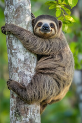 Fototapeta premium One sloth animal hang on tree trunk