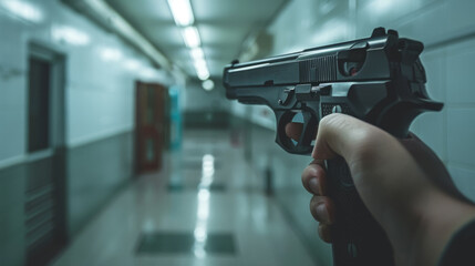 A person is holding a gun in a dark hallway