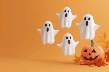 Obraz premium Playful Halloween ghosts float above a carved pumpkin, surrounded by autumn leaves. Perfect for festive decorations or seasonal themes.