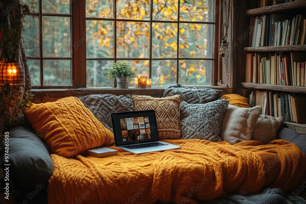 Wall mural Cozy Window Seat with a Laptop and a View