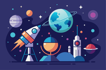 Fototapeta premium Creative business space exploration concept with rocket and planets