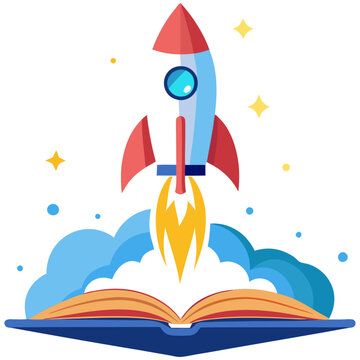 Creative business rocket launching from open book symbolizing innovation