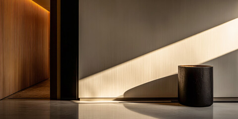 Serene empty living room corner with warm lighting, no furniture and minimal decor. Residential Real Estate interior design composition.