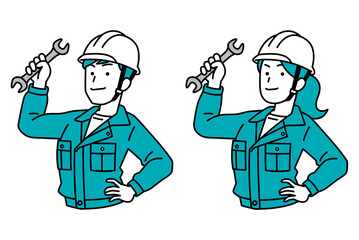 スパナを構える作業員の男女　セット